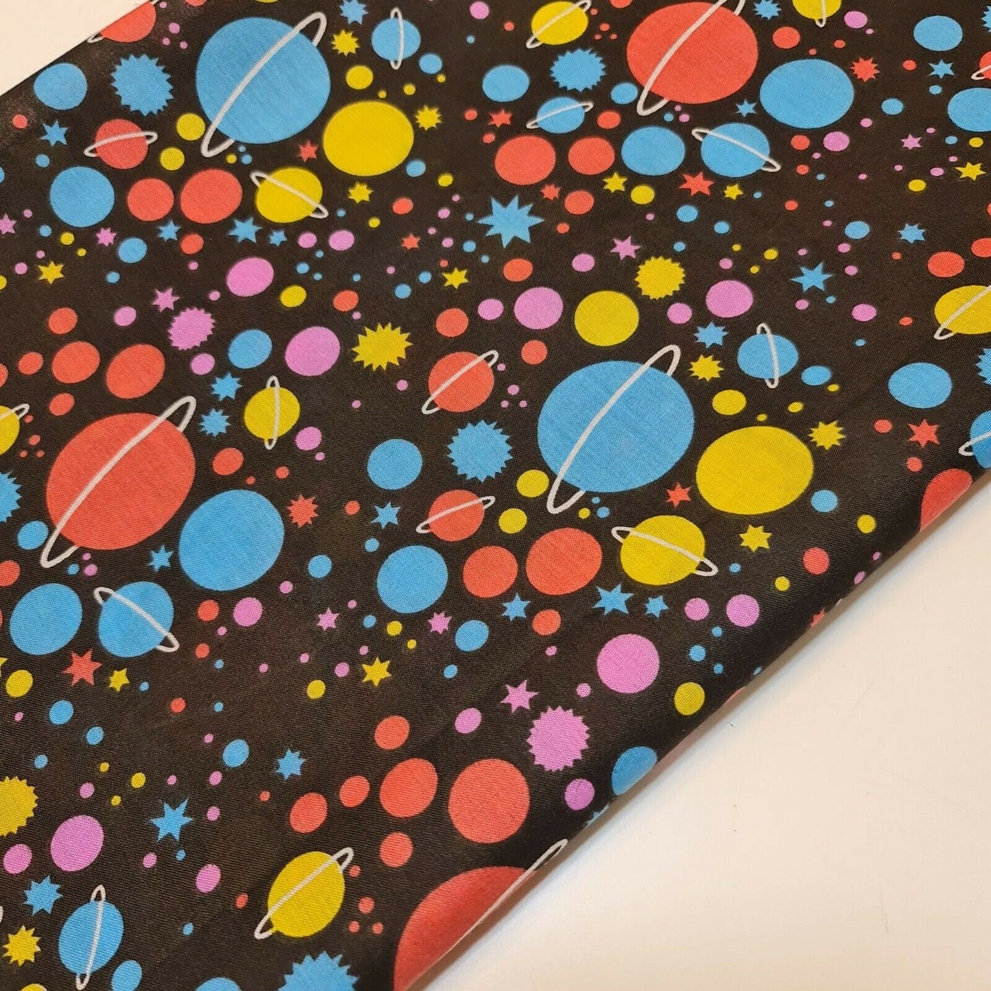 Universe Galaxy Print Polycotton Fabric – 44" Wide Black Base Stars & Planets Kids Dress & Craft Material