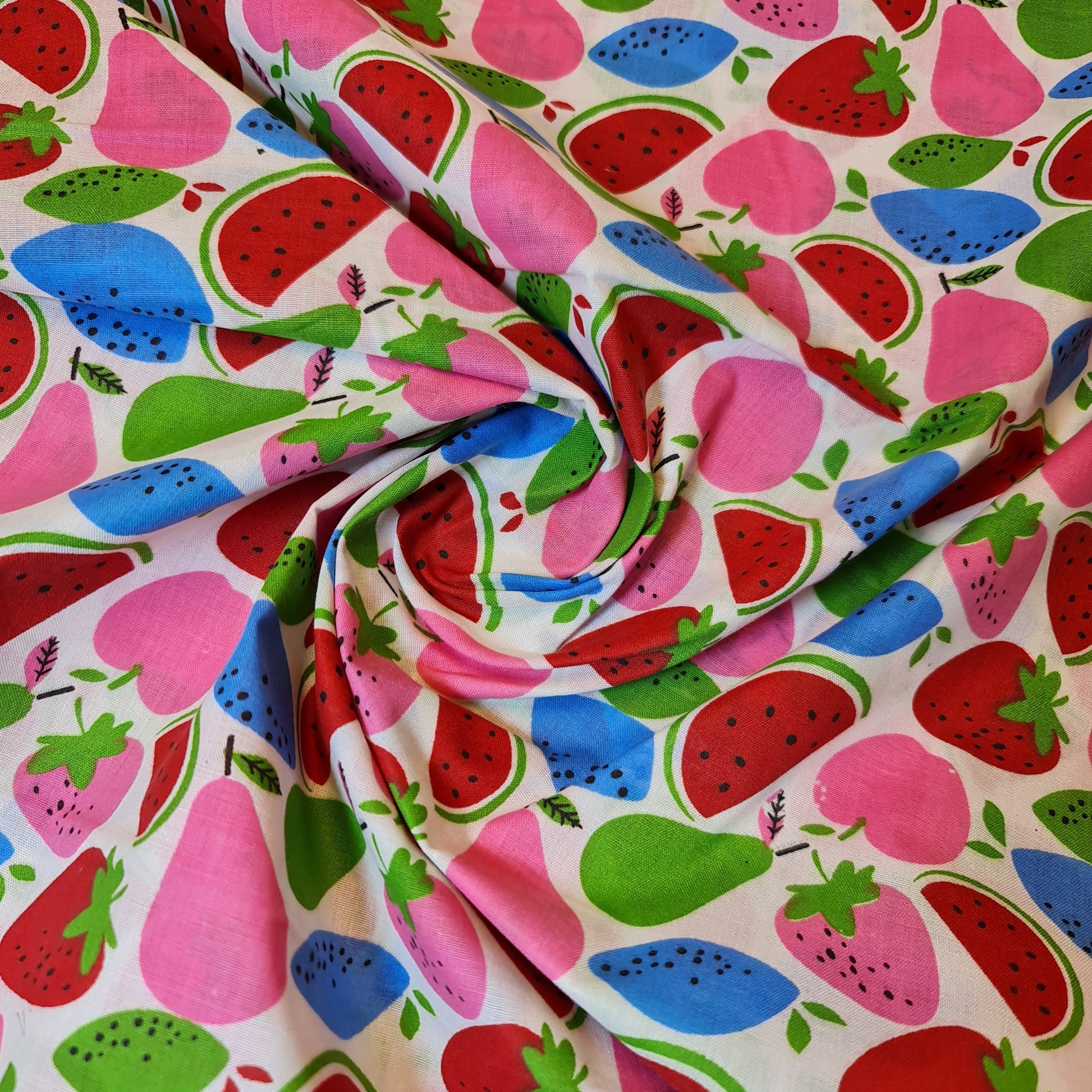 Kids Print 100% Cotton Poplin Fabric – Fruit Designs (Apple, Pear, Watermelon) 44" Wide - Textile Station