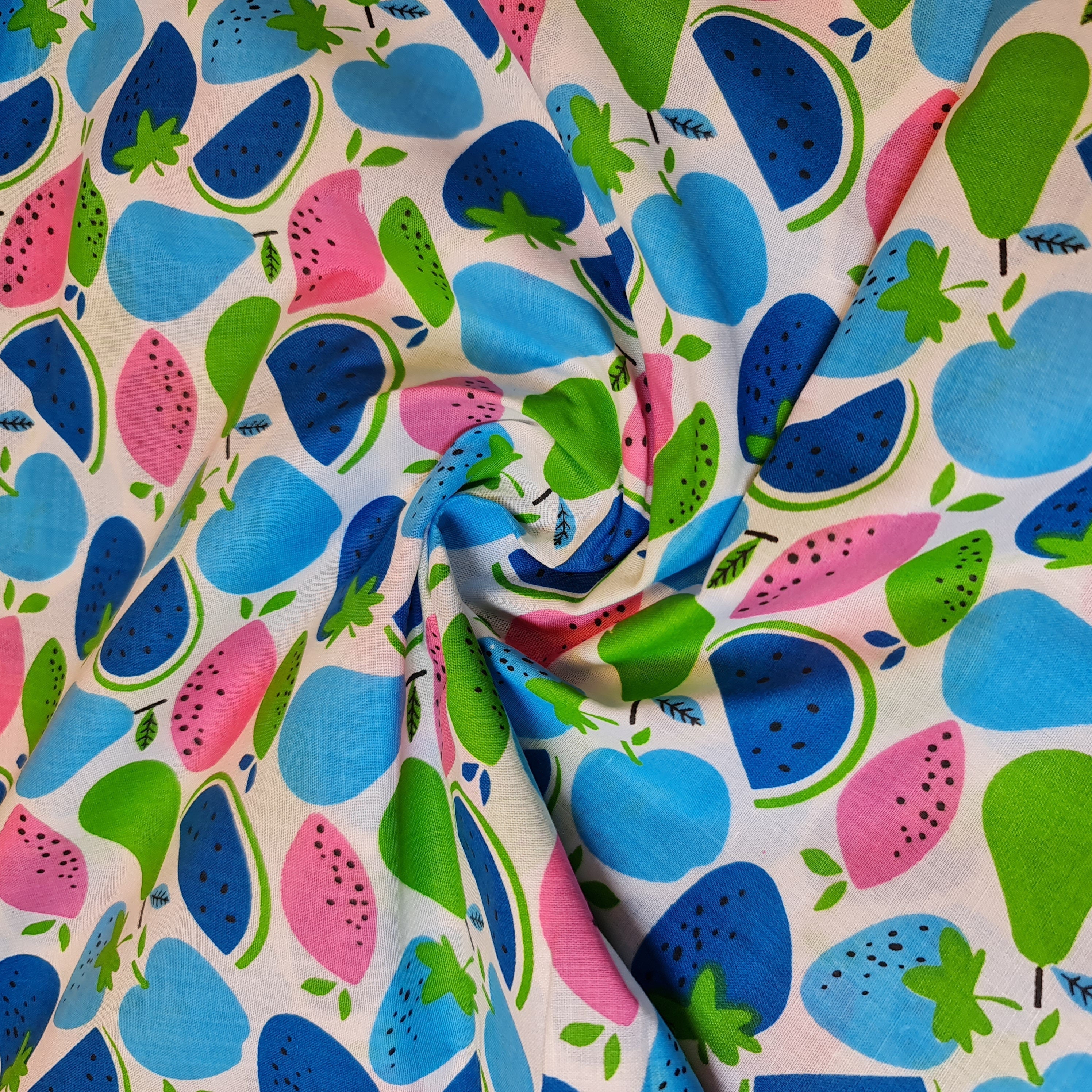 Kids Print 100% Cotton Poplin Fabric Apple Pears Watermelon Base (44