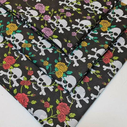Halloween Skull & Roses Polycotton Fabric – 44" Wide Black Base Costume & Craft Material