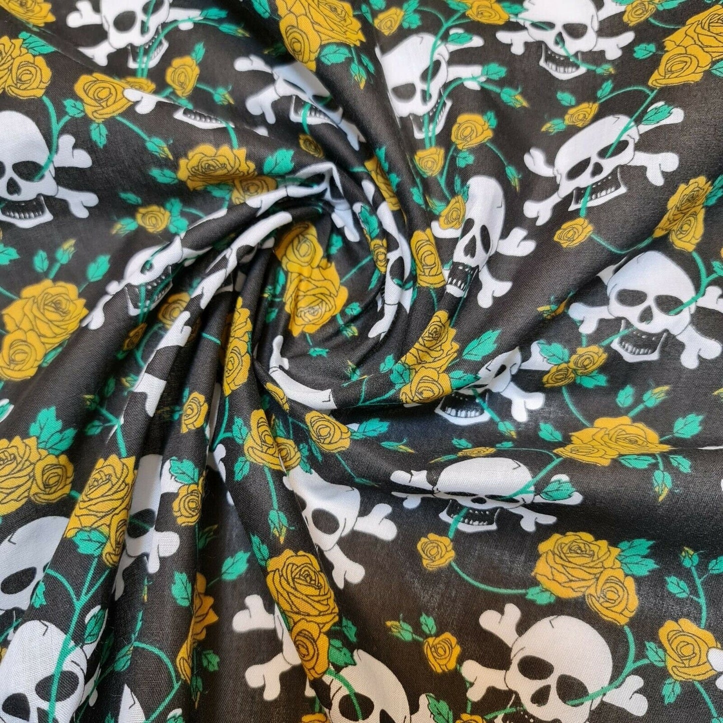 Halloween Skull & Roses Polycotton Fabric – 44" Wide Black Base Costume & Craft Material