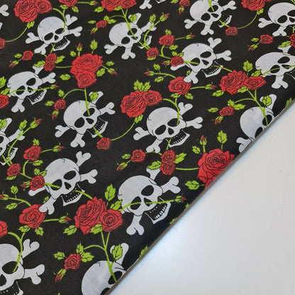 Halloween Skull & Roses Polycotton Fabric – 44" Wide Black Base Costume & Craft Material