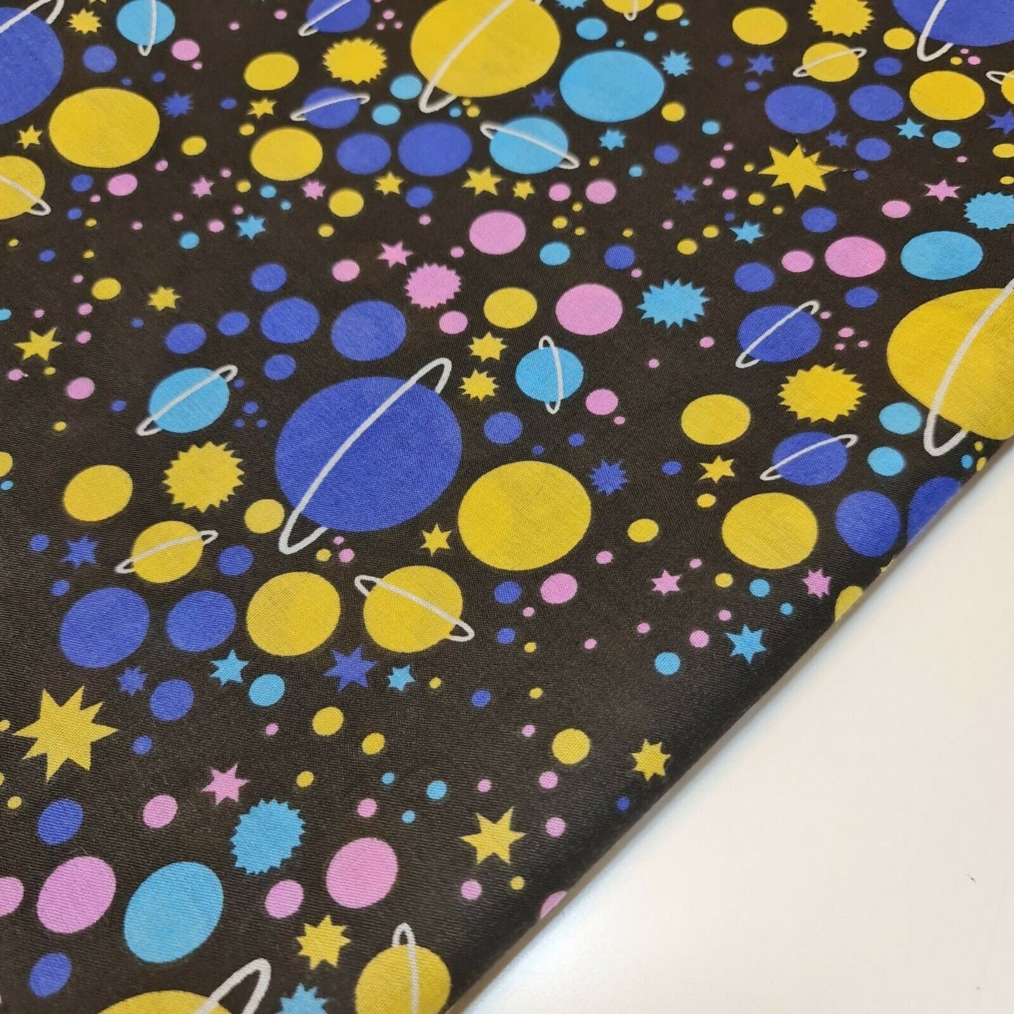 Universe Galaxy Print Polycotton Fabric – 44" Wide Black Base Stars & Planets Kids Dress & Craft Material