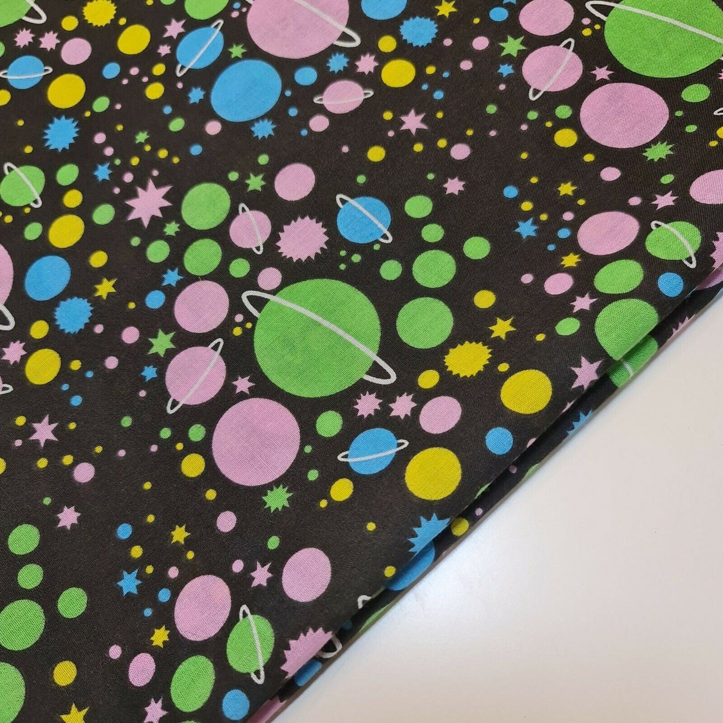 Universe Galaxy Print Polycotton Fabric – 44" Wide Black Base Stars & Planets Kids Dress & Craft Material