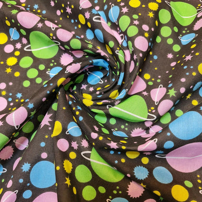 Universe Galaxy Print Polycotton Fabric – 44" Wide Black Base Stars & Planets Kids Dress & Craft Material