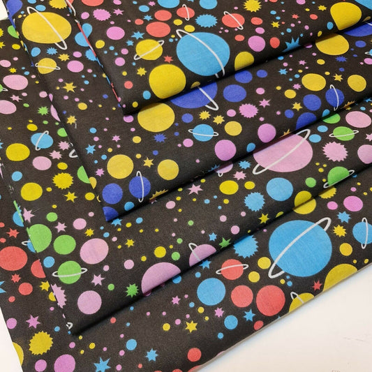 Universe Galaxy Print Polycotton Fabric – 44" Wide Black Base Stars & Planets Kids Dress & Craft Material
