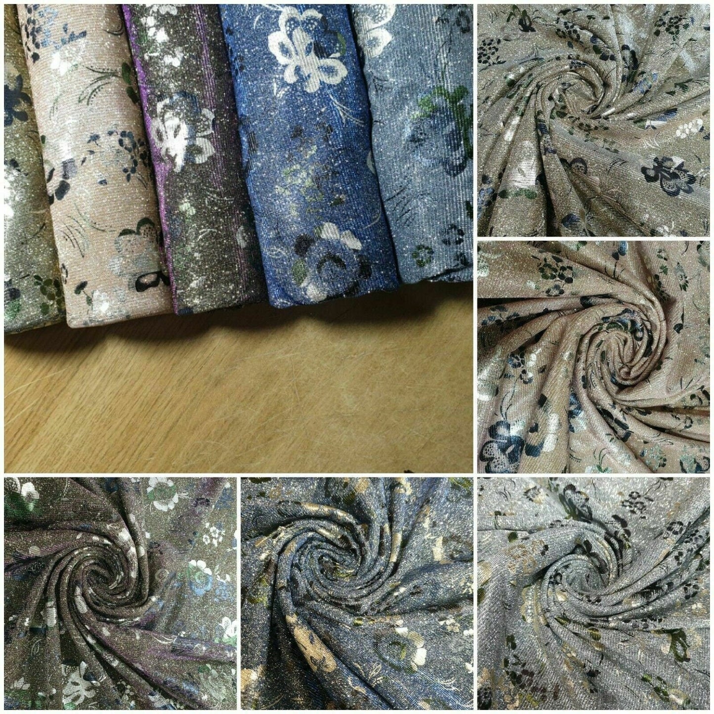 Shimmer Moonlight Floral Printed Glitter Nylon Fabric – 58" Wide Stretch Backdrop, Dress & Craft Material