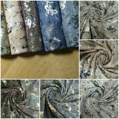 Shimmer Moonlight Floral Printed Glitter Nylon Fabric – 58" Wide Stretch Backdrop, Dress & Craft Material