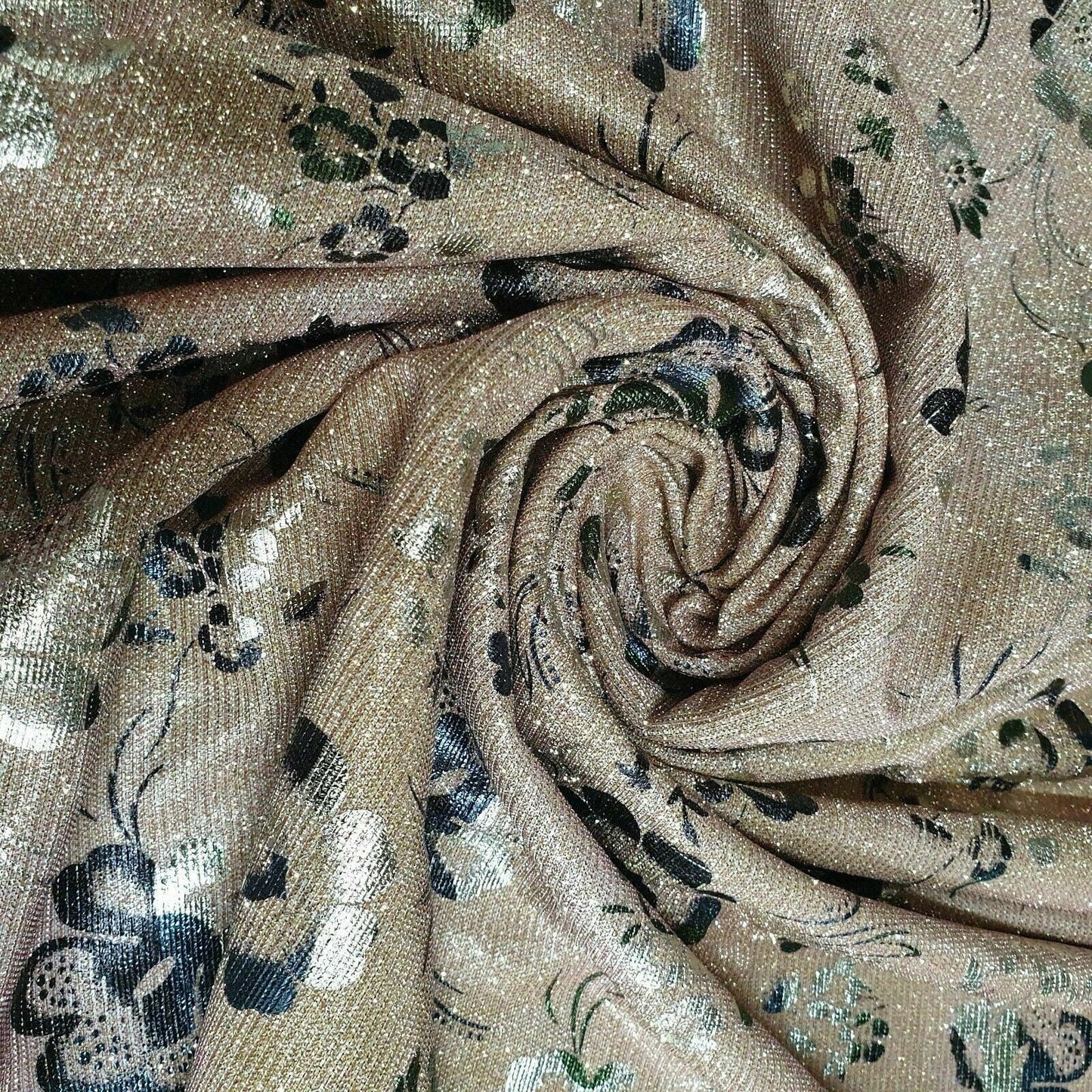Shimmer Moonlight Floral Printed Glitter Nylon Fabric – 58" Wide Stretch Backdrop, Dress & Craft Material