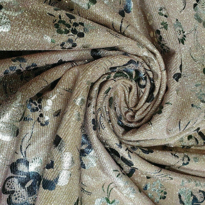 Shimmer Moonlight Floral Printed Glitter Nylon Fabric – 58" Wide Stretch Backdrop, Dress & Craft Material