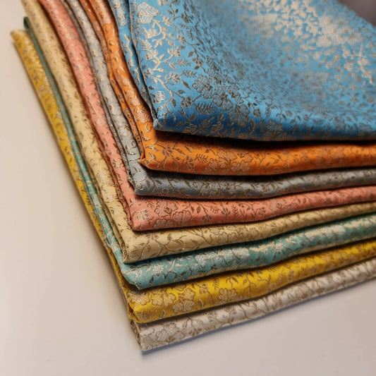 Ornamental Floral Pastels Indian Brocade Fabric – Gold Metallic Print, 44" Wide