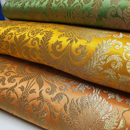 Floral Gold Leaf Damask Banarasi Brocade Fabric – Ornamental Metallic Indian Jacquard 44" Wide