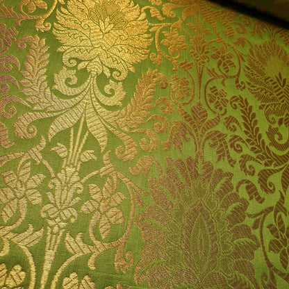 Floral Gold Leaf Damask Banarasi Brocade Fabric – Ornamental Metallic Indian Jacquard 44" Wide