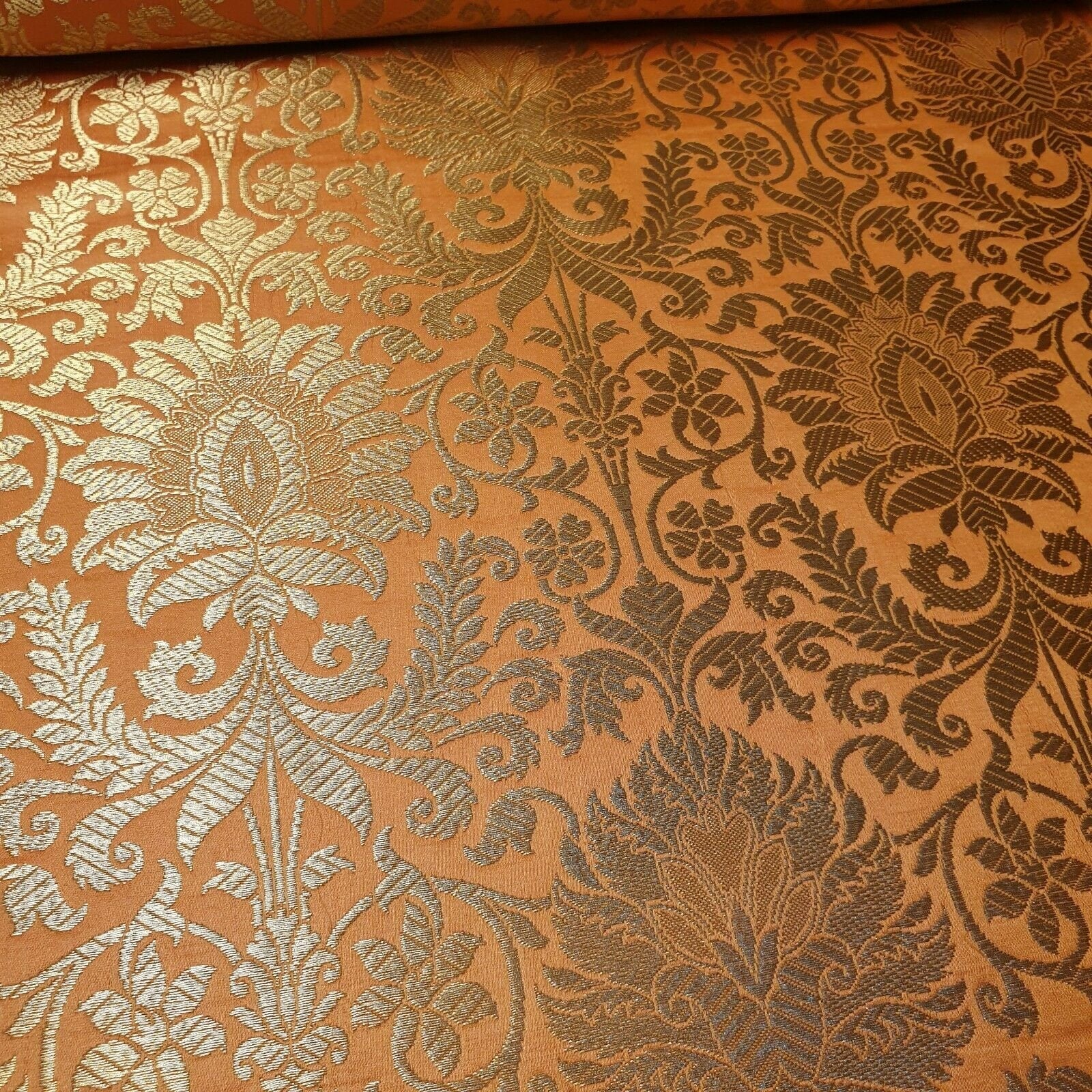Floral Gold Leaf Damask Banarasi Brocade Fabric – Ornamental Metallic Indian Jacquard 44