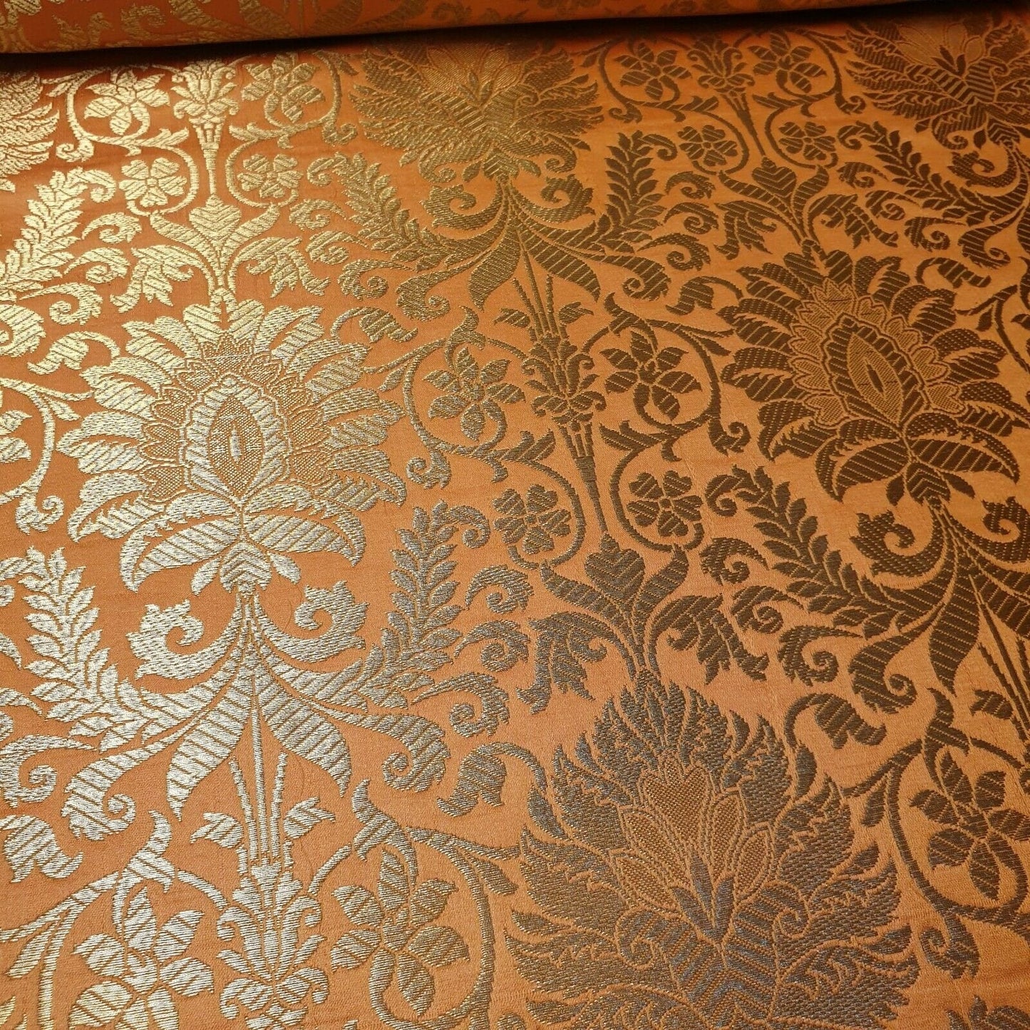 Floral Gold Leaf Damask Banarasi Brocade Fabric – Ornamental Metallic Indian Jacquard 44" Wide