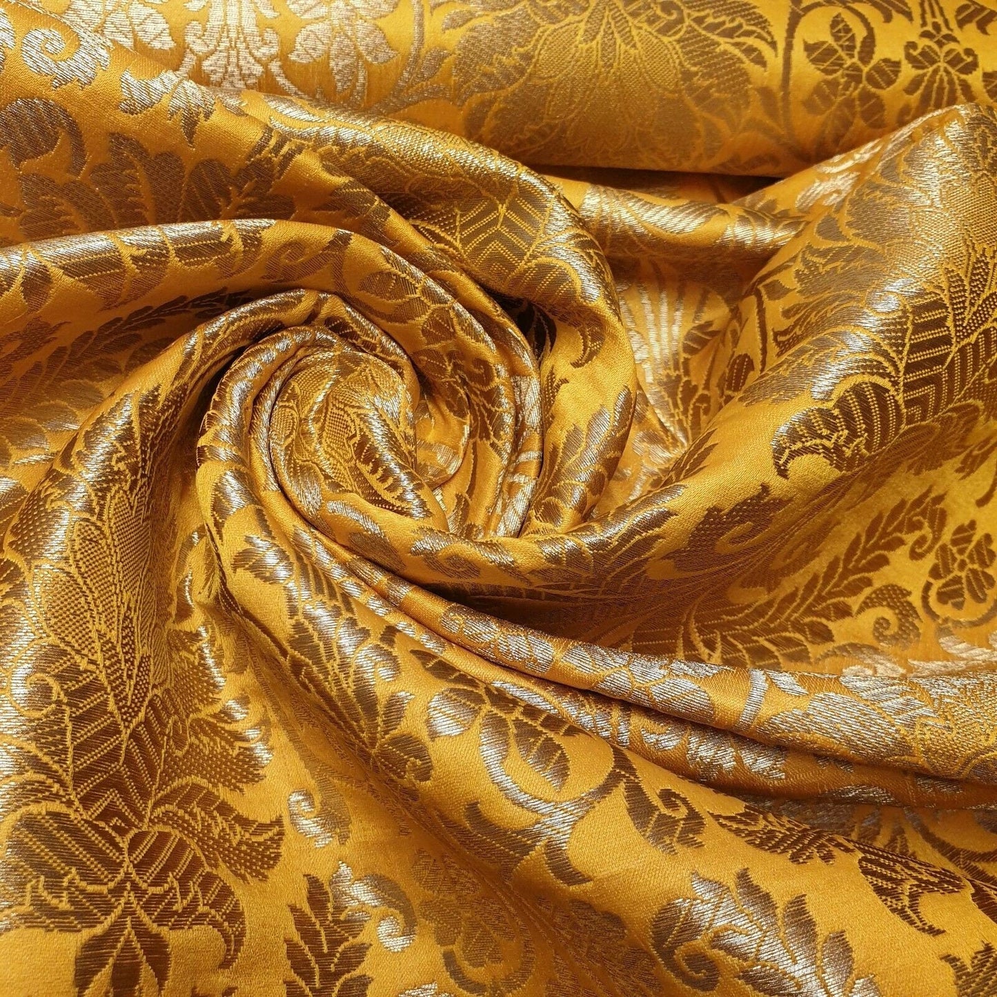 Floral Gold Leaf Damask Banarasi Brocade Fabric – Ornamental Metallic Indian Jacquard 44" Wide