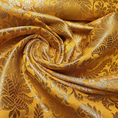 Floral Gold Leaf Damask Banarasi Brocade Fabric – Ornamental Metallic Indian Jacquard 44" Wide