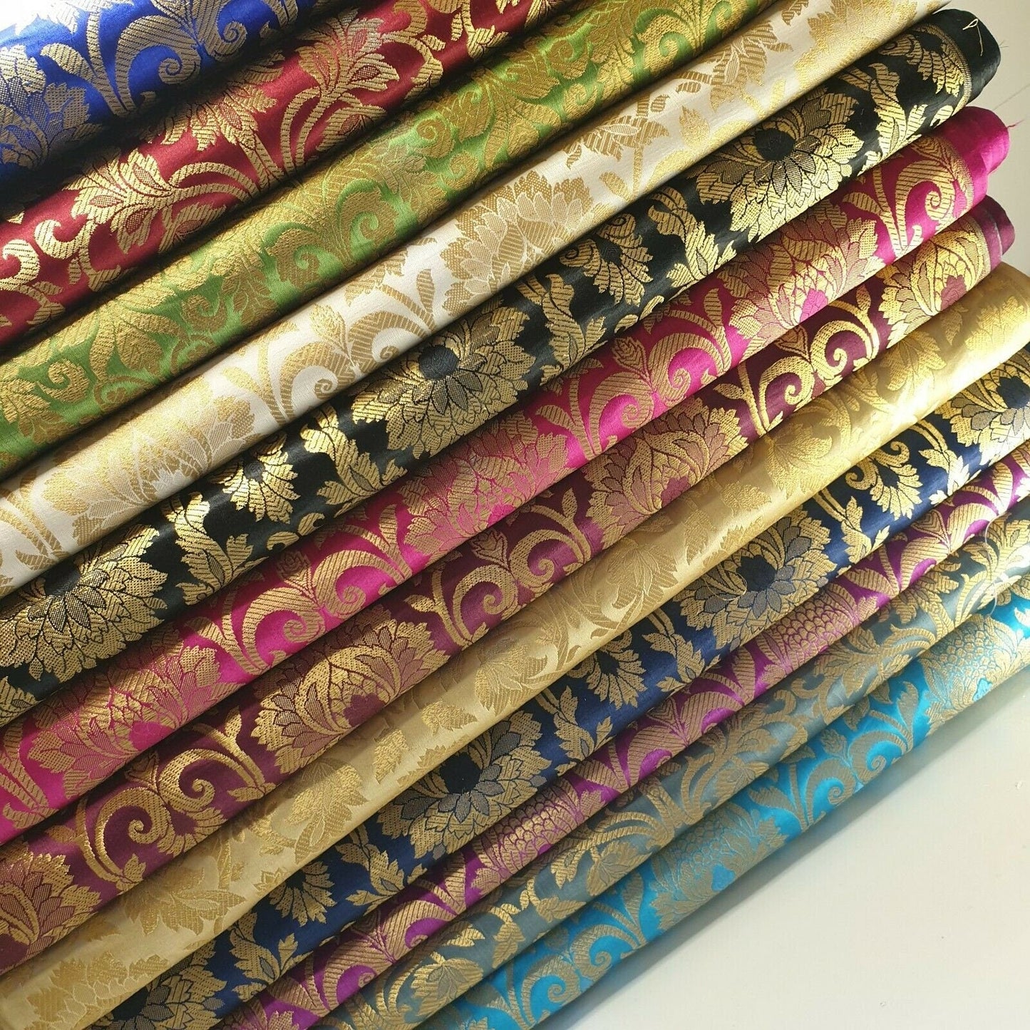 Ornamental Floral Gold Metallic Indian Banarasi Brocade Fabric – 44" Wide Dress & Craft Material