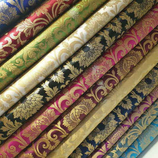 Ornamental Floral Gold Metallic Indian Banarasi Brocade Fabric – 44" Wide Dress & Craft Material