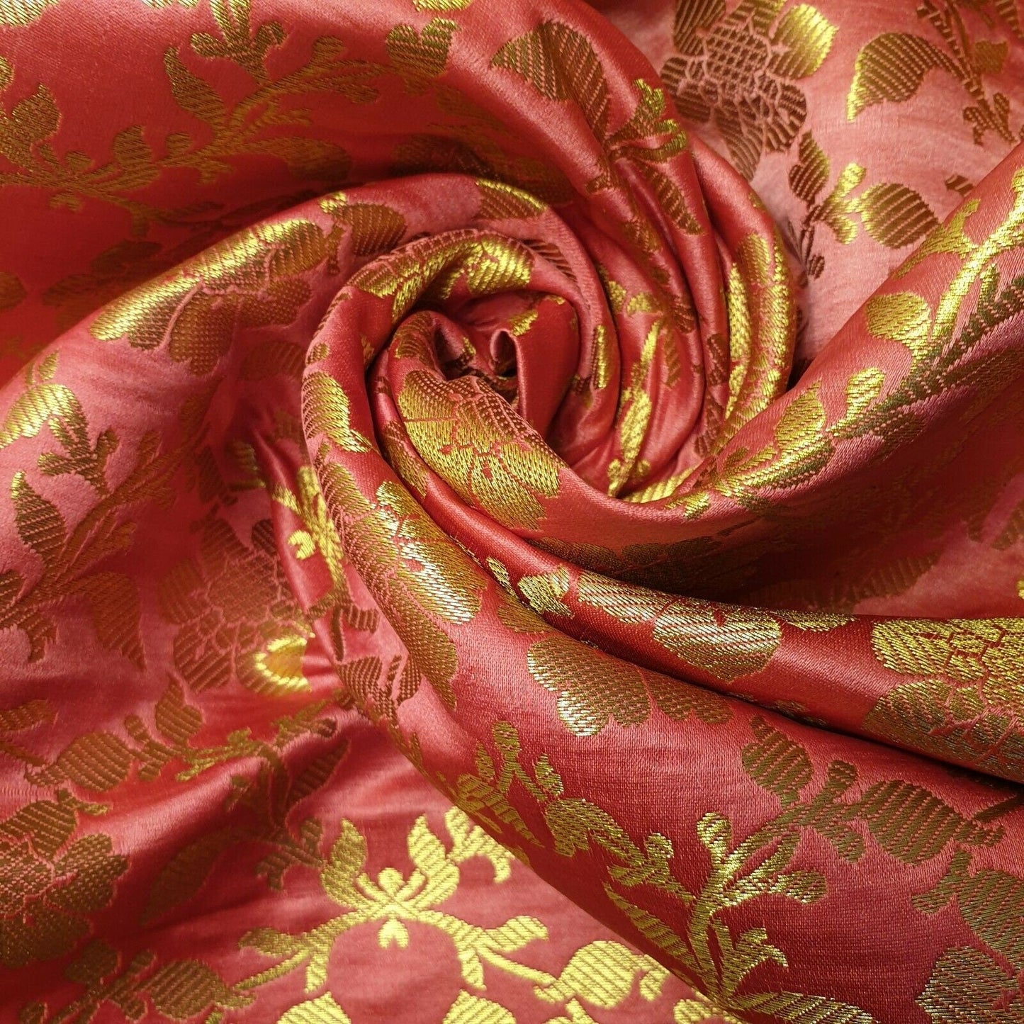 Indian Banarasi Brocade Fabric – Ornamental Floral Gold Metallic Print, 44" Wide
