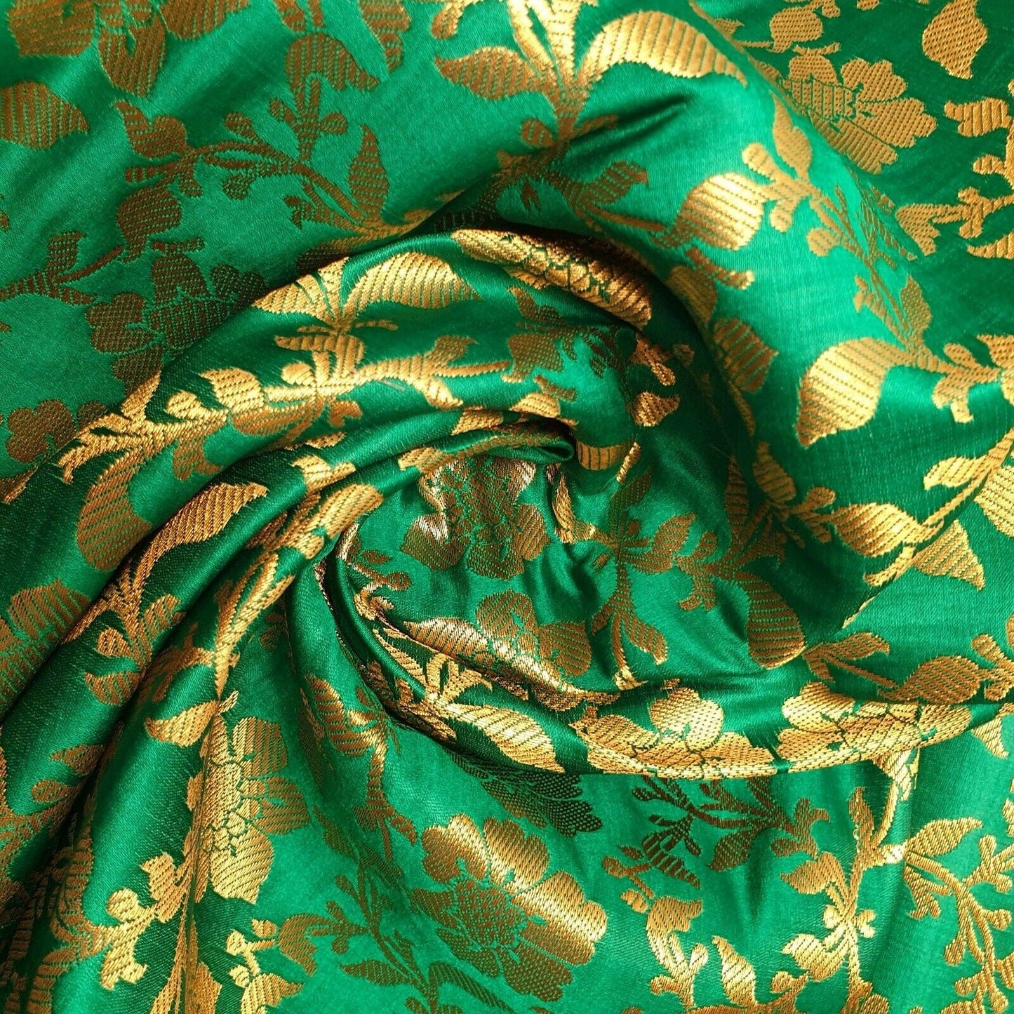 Indian Banarasi Brocade Fabric – Ornamental Floral Gold Metallic Print, 44" Wide