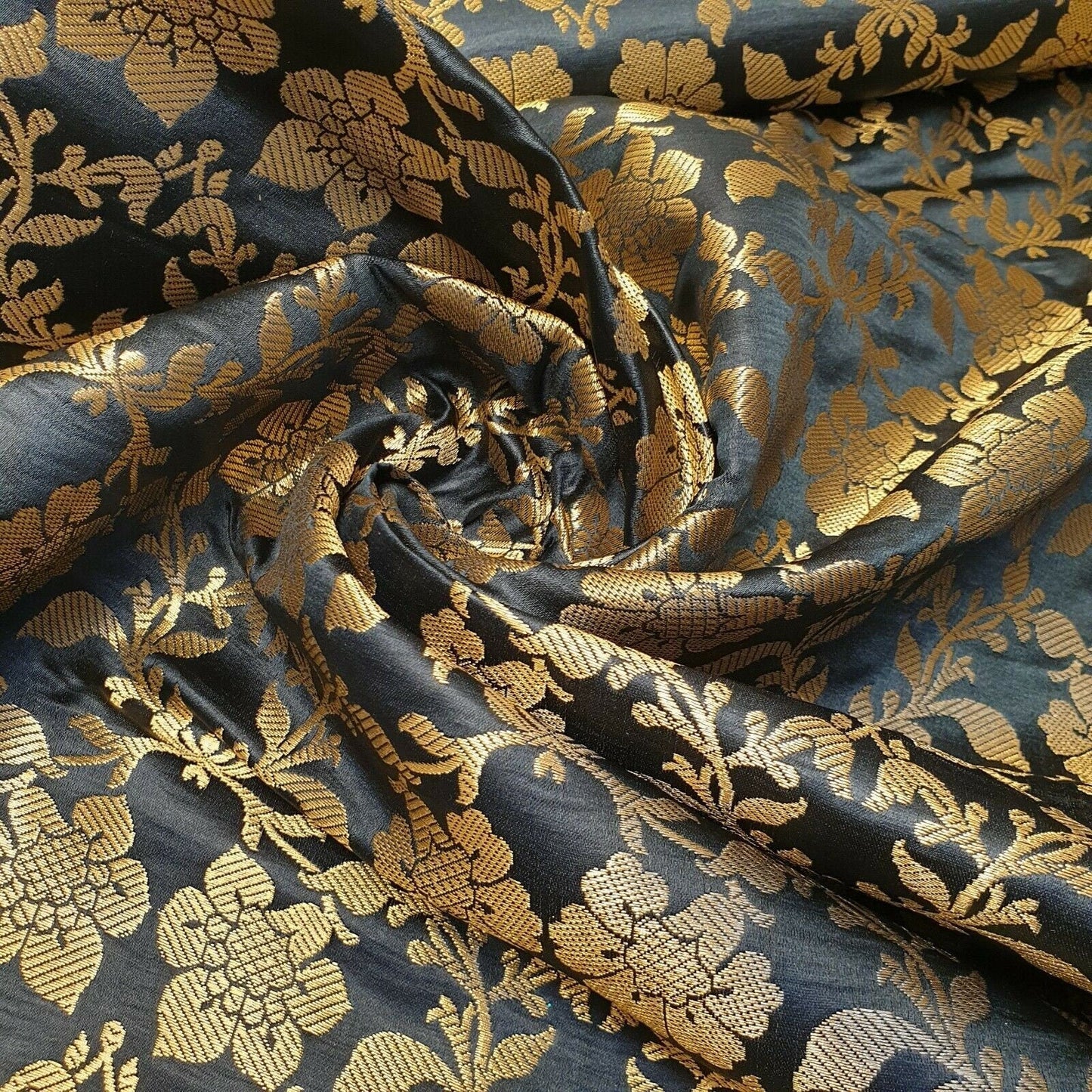 Indian Banarasi Brocade Fabric – Ornamental Floral Gold Metallic Print, 44" Wide