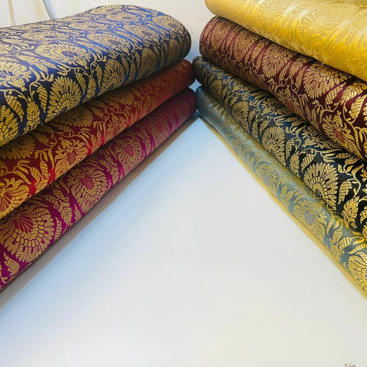 Indian Banarasi Brocade Fabric – Ornamental Floral & Peacock Gold Metallic Design, 44" Wide