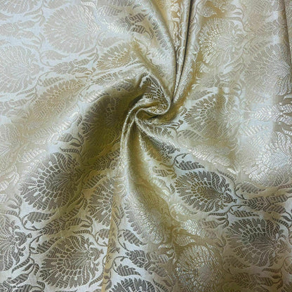 Indian Banarasi Brocade Fabric – Ornamental Floral & Peacock Gold Metallic Design, 44" Wide