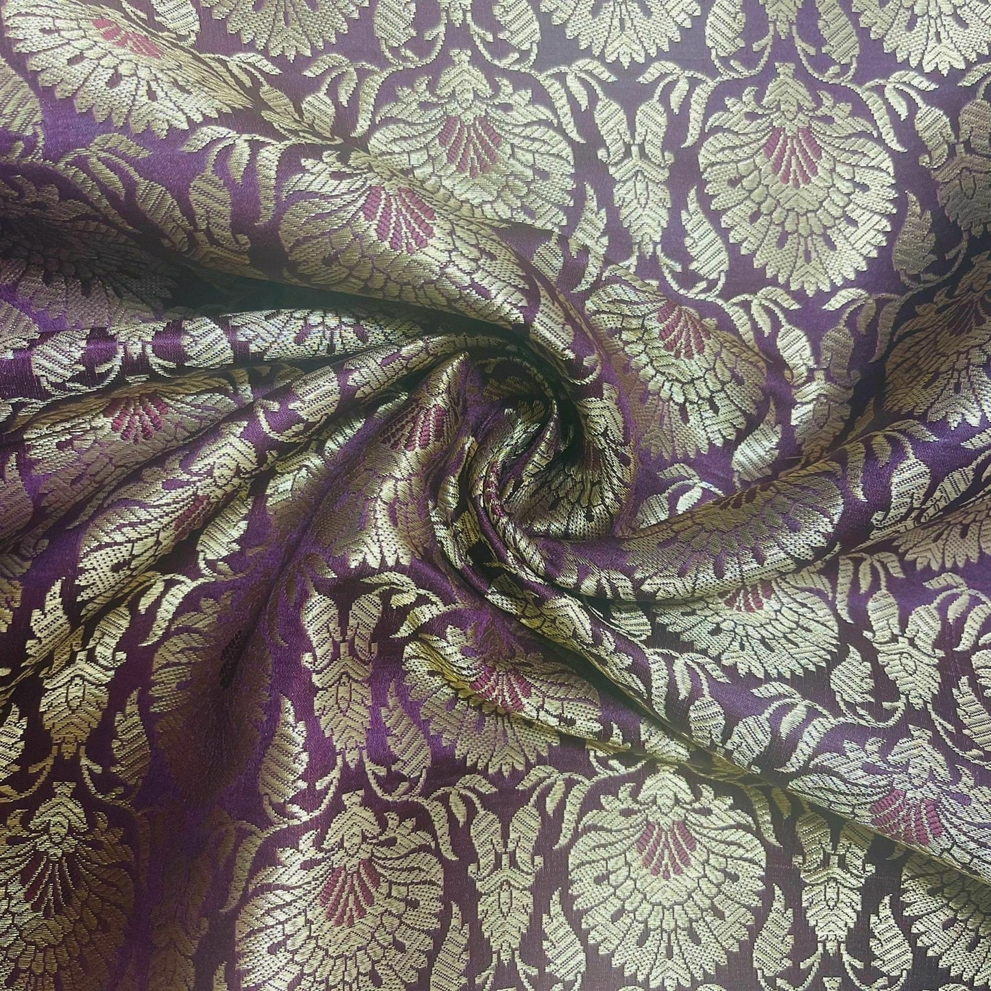 Indian Banarasi Brocade Fabric – Ornamental Floral & Peacock Gold Metallic Design, 44" Wide
