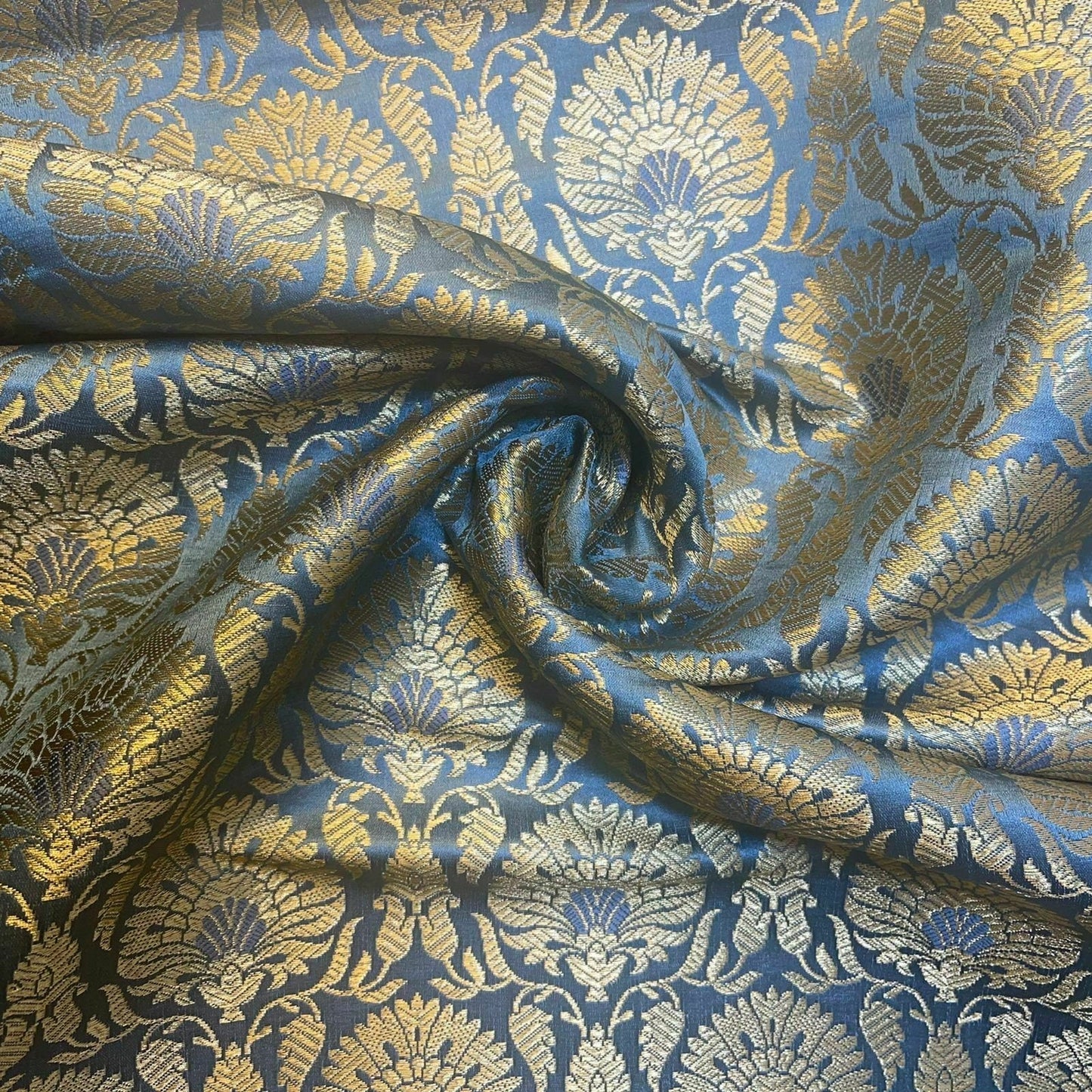 Indian Banarasi Brocade Fabric – Ornamental Floral & Peacock Gold Metallic Design, 44" Wide