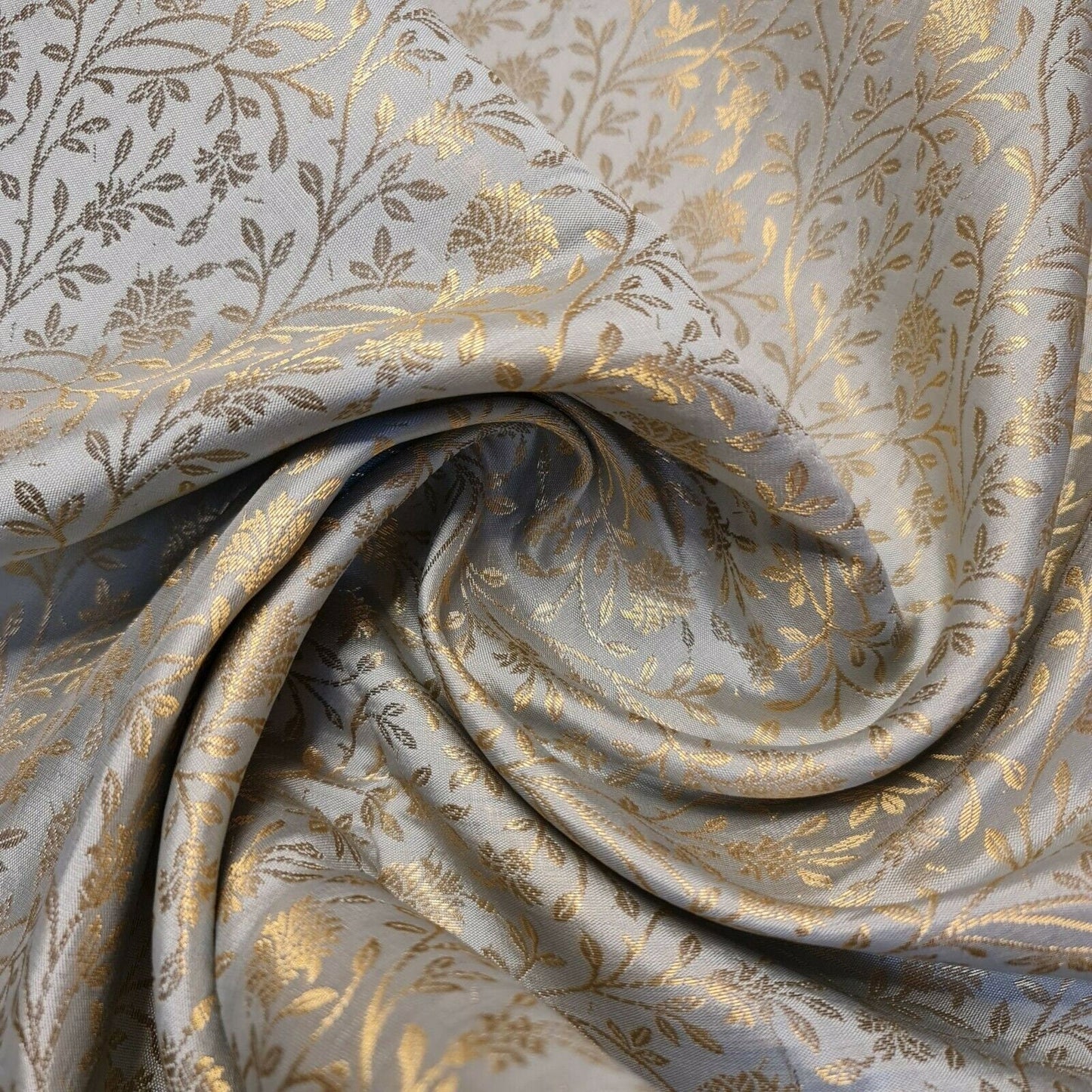 Floral Gold Metallic Indian Banaras Brocade Waistcoat, Dress & Curtain Fabric 44" Wide