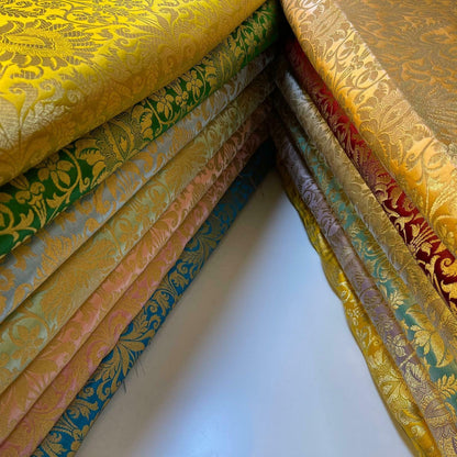 Floral Gold Leaf Damask Banarasi Brocade Fabric – Ornamental Metallic Indian Jacquard 44" Wide