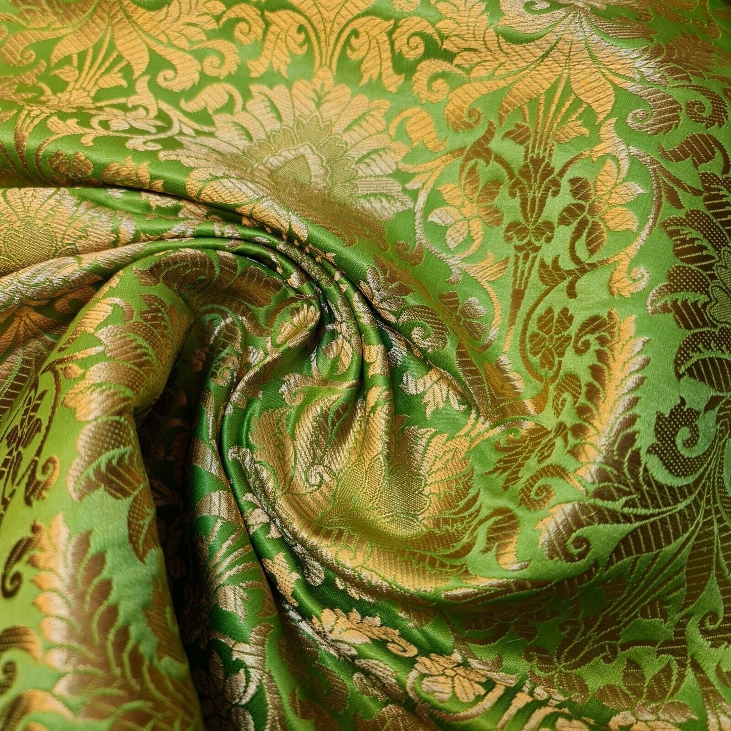 Floral Gold Leaf Damask Banarasi Brocade Fabric – Ornamental Metallic Indian Jacquard 44" Wide