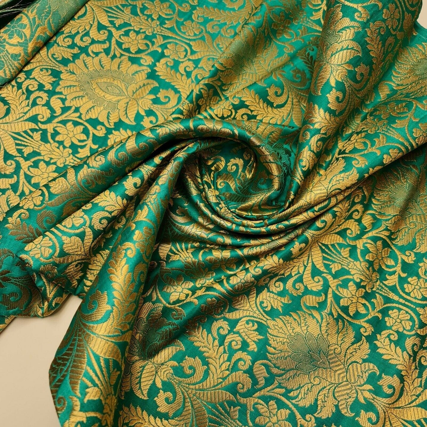 Floral Gold Leaf Damask Banarasi Brocade Fabric – Ornamental Metallic Indian Jacquard 44" Wide