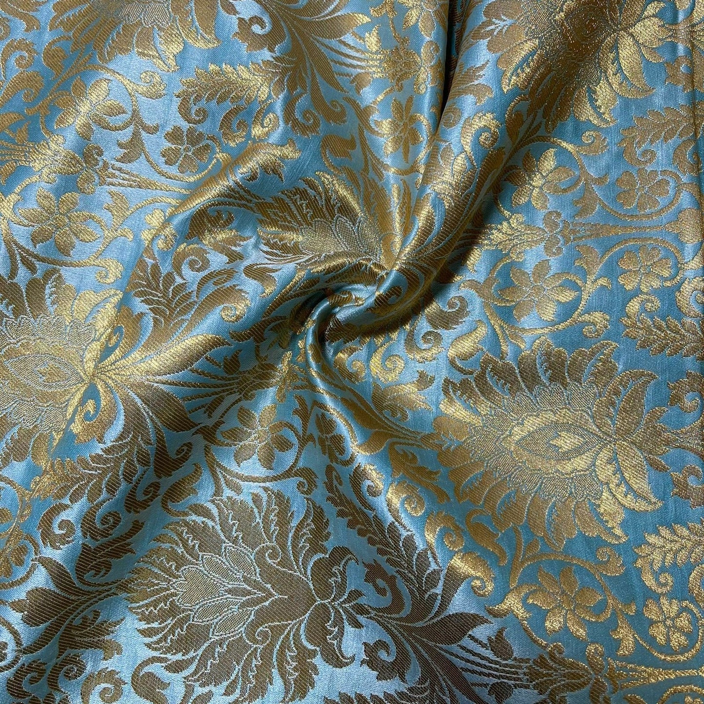 Floral Gold Leaf Damask Banarasi Brocade Fabric – Ornamental Metallic Indian Jacquard 44" Wide