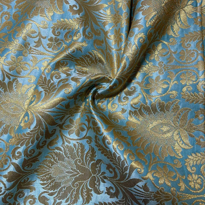Floral Gold Leaf Damask Banarasi Brocade Fabric – Ornamental Metallic Indian Jacquard 44" Wide