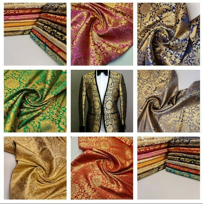 Floral Gold Leaf Damask Banarasi Brocade Fabric – Ornamental Metallic Indian Jacquard 44" Wide