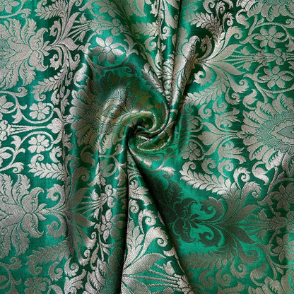 Floral Gold Leaf Damask Banarasi Brocade Fabric – Ornamental Metallic Indian Jacquard 44" Wide