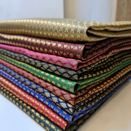 Ditsy Gold Leaf Print Brocade – 44" Wide Premium Floral Jacquard Indian Banarasi Fabric