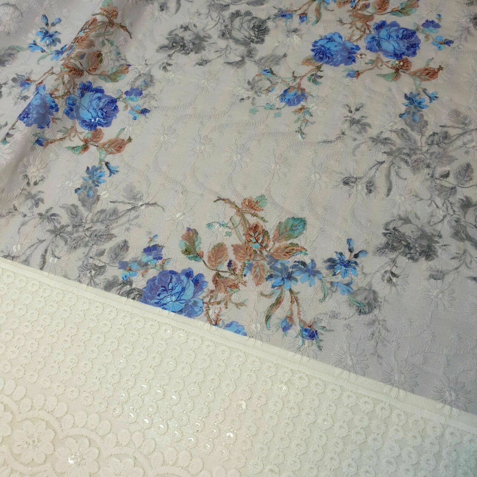100% Cotton Broderie Anglaise Floral Embroidery Border Dress Fabric 44