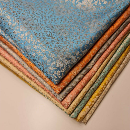 Ornamental Floral Pastels Indian Brocade Fabric – Gold Metallic Print, 44" Wide