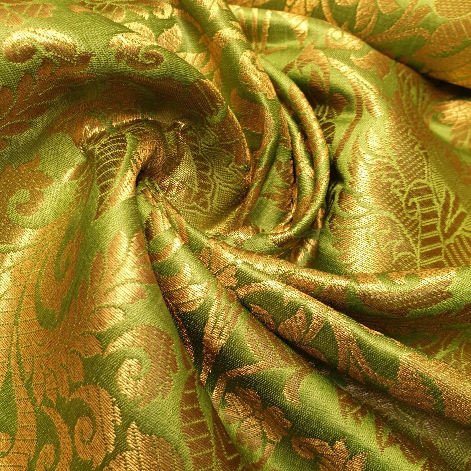 Floral Gold Leaf Damask Banarasi Brocade Fabric – Ornamental Metallic Indian Jacquard 44