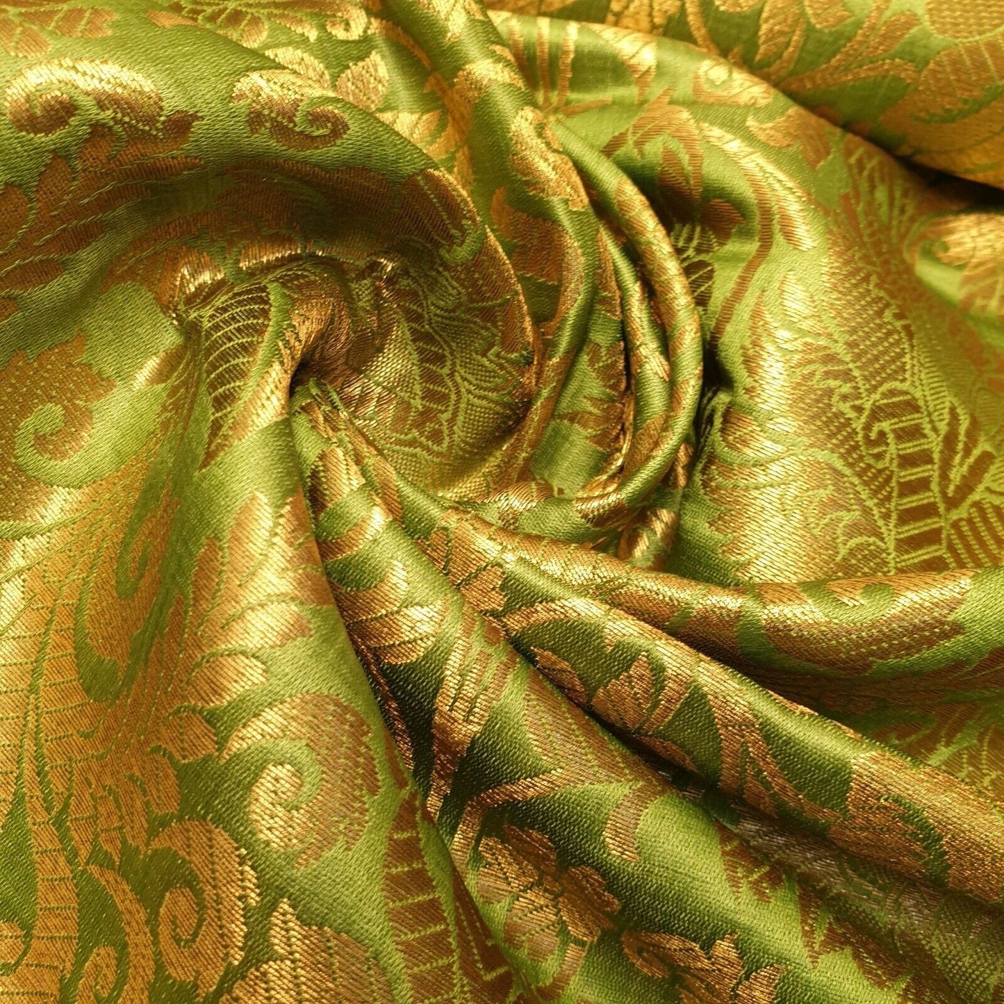 Floral Gold Leaf Damask Banarasi Brocade Fabric – Ornamental Metallic Indian Jacquard 44" Wide
