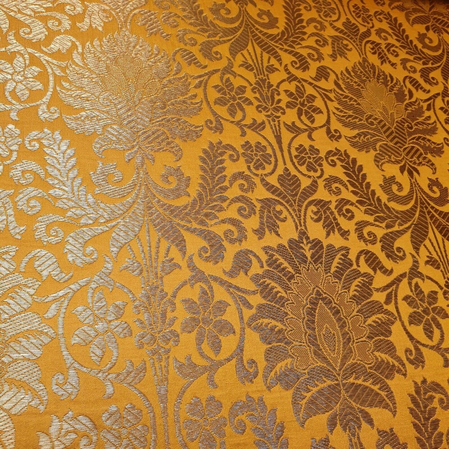 Floral Gold Leaf Damask Banarasi Brocade Fabric – Ornamental Metallic Indian Jacquard 44" Wide