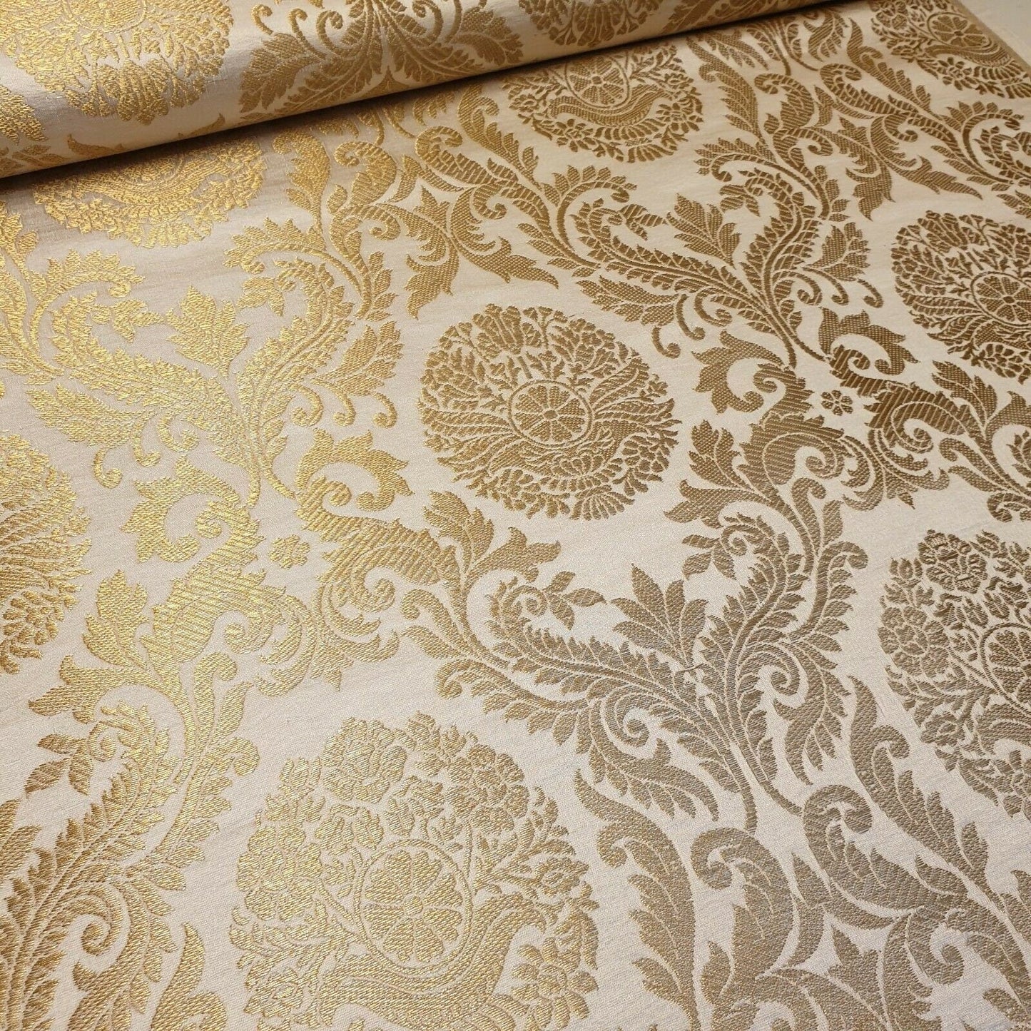 Ornamental Floral Gold Metallic Print Indian Banarasi Brocade Fabric Design-B TS