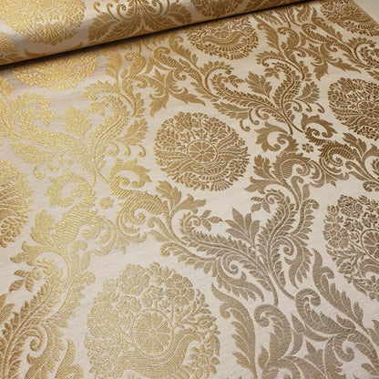 Ornamental Floral Gold Metallic Print Indian Banarasi Brocade Fabric Design-B TS