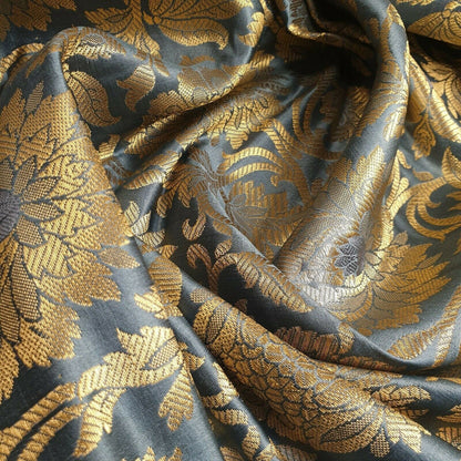 Ornamental Floral Gold Metallic Indian Banarasi Brocade Fabric – 44" Wide Dress & Craft Material