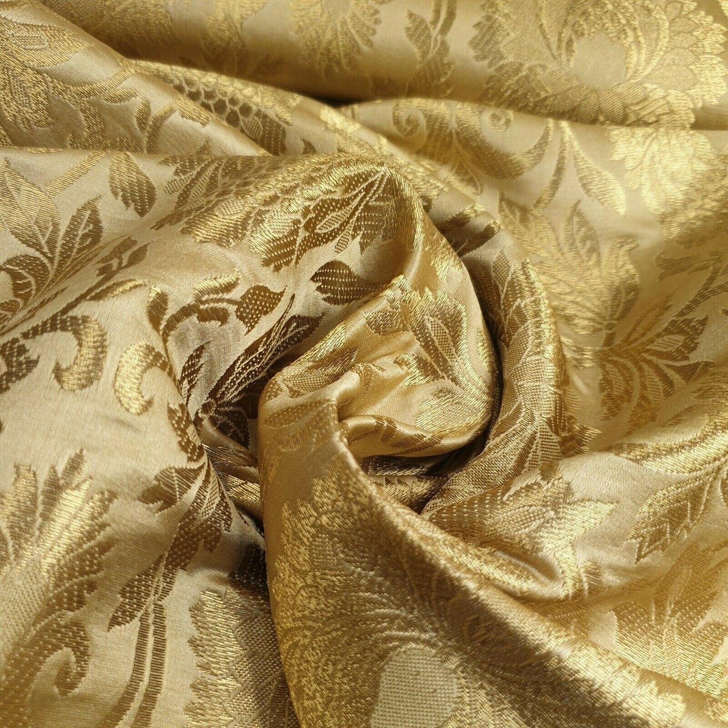 Ornamental Floral Gold Metallic Indian Banarasi Brocade Fabric – 44" Wide Dress & Craft Material
