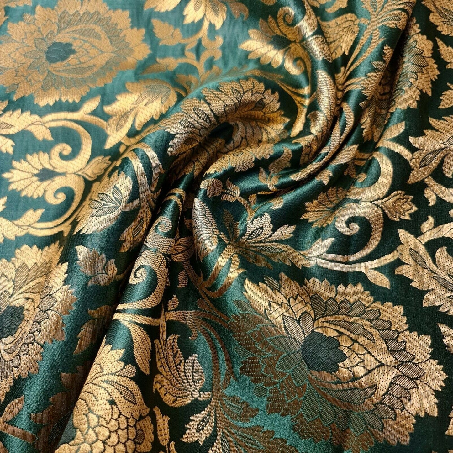 Ornamental Floral Gold Metallic Indian Banarasi Brocade Fabric – 44" Wide Dress & Craft Material