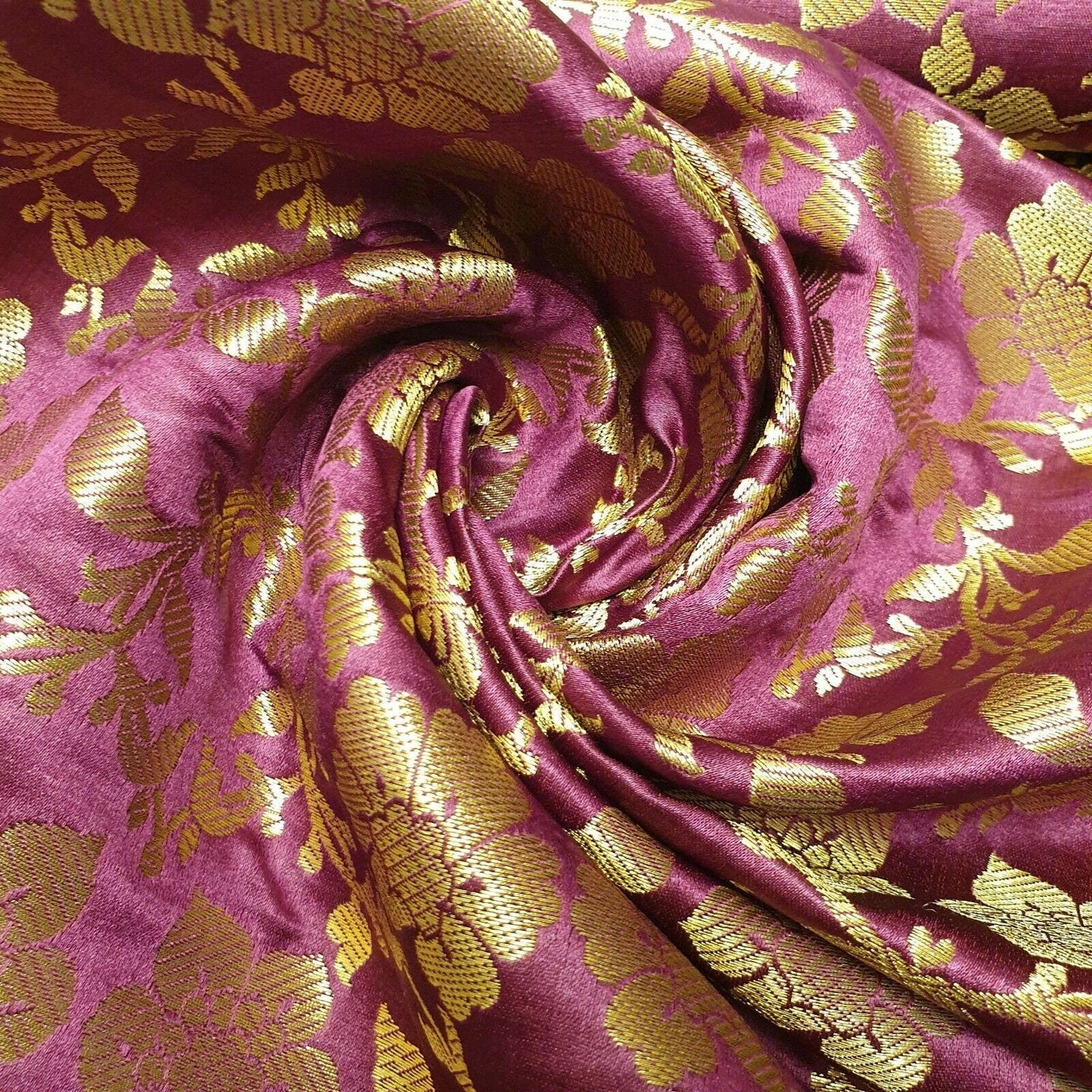 Indian Banarasi Brocade Fabric – Ornamental Floral Gold Metallic Print, 44" Wide
